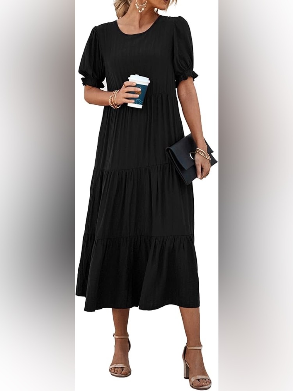 PRETTYGARDEN Black Textured Puff Sleeve Tiered Midi Dress Size Large